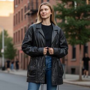 Vintage Cinched Waist Longline Black Leather Jacket